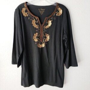 Chico's Black Blouse with Gold Embroidery